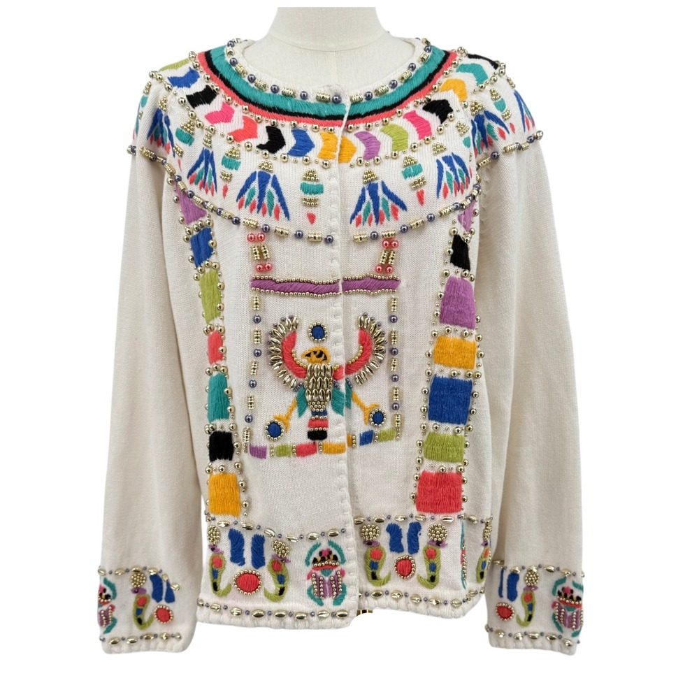 Michael Simon Womens Sweater 1991 Egyptian Beaded Embroidered Cardigan 1x vtg - Picture 2 of 9